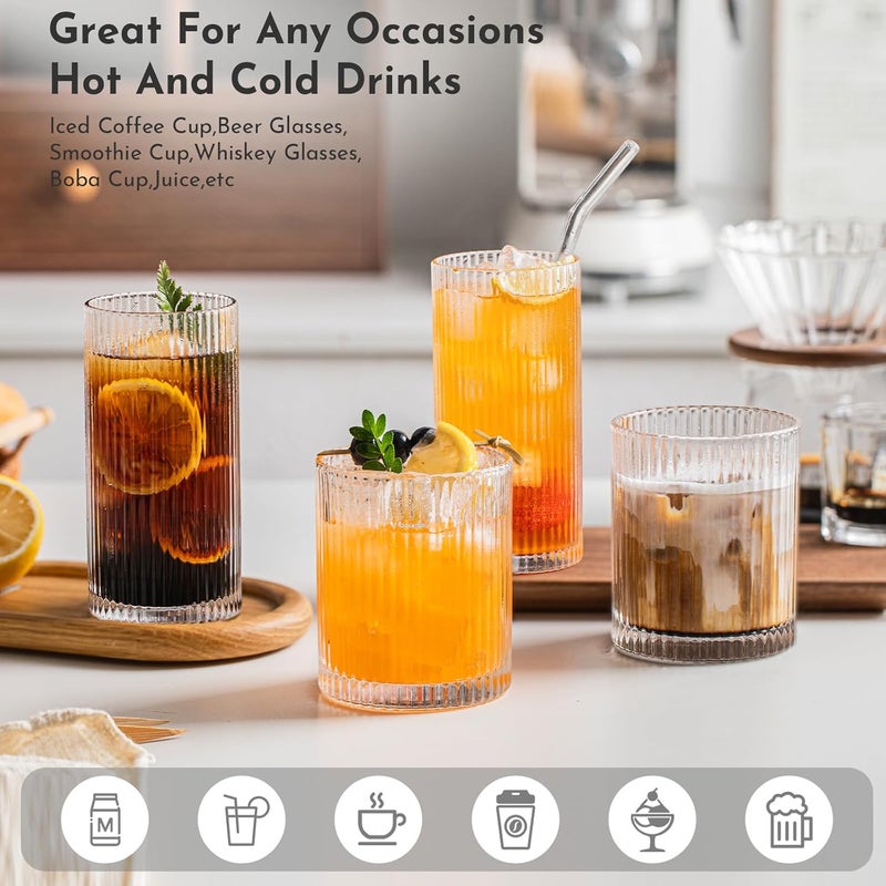 INSETLAN Set of 8 Vintage Glassware - 4 Highball Glasses 12 oz, 4 Rocks Glass Cups 14 oz, Ribbed Glassware Cocktail Glasses, Ideal for Wine, Juice, Water, Ice Coffee Cup, Whiskey, Mixed Drinkware - Image 3