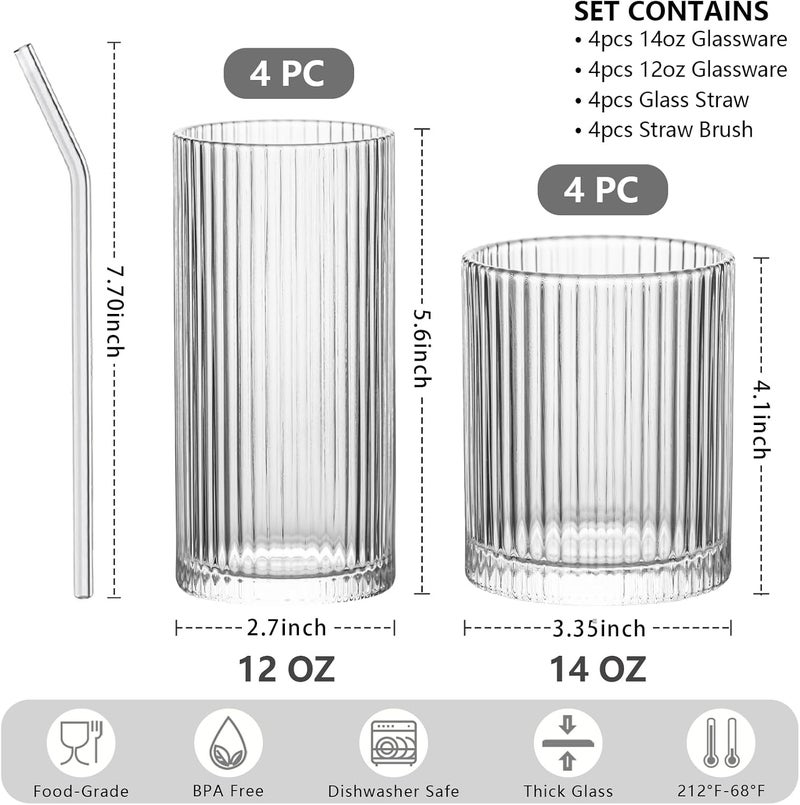 INSETLAN Set of 8 Vintage Glassware - 4 Highball Glasses 12 oz, 4 Rocks Glass Cups 14 oz, Ribbed Glassware Cocktail Glasses, Ideal for Wine, Juice, Water, Ice Coffee Cup, Whiskey, Mixed Drinkware - Image 2