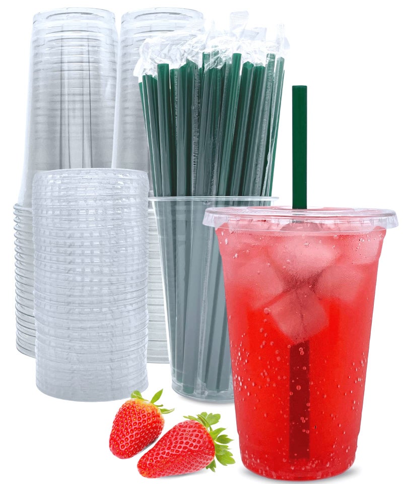 Aatriet [50 Sets] 20 oz Clear Plastic Cups with Lids and Straws  Disposable Coffee Cups - Image 1