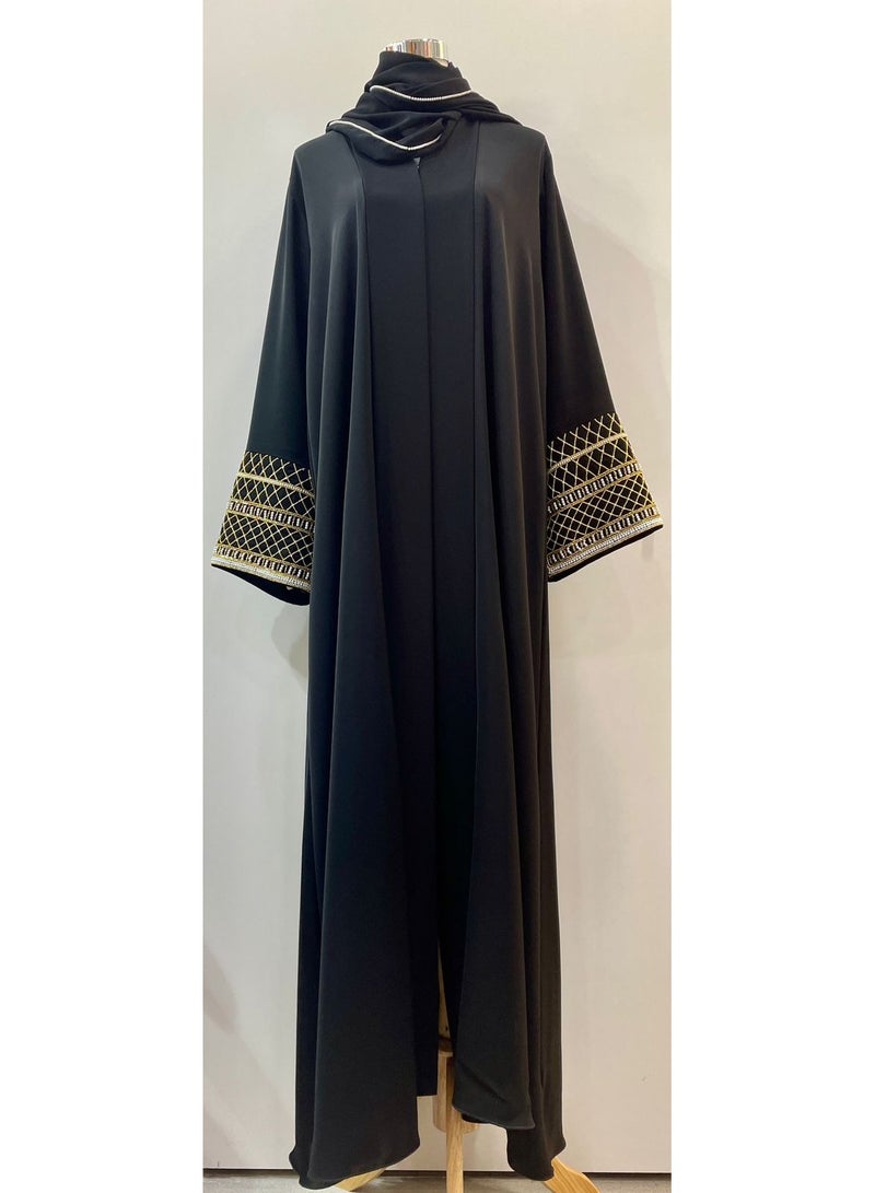 ANOHI TEXTILES - Abaya with Sheela White and Gold Embroidery Sleeves - Image 1