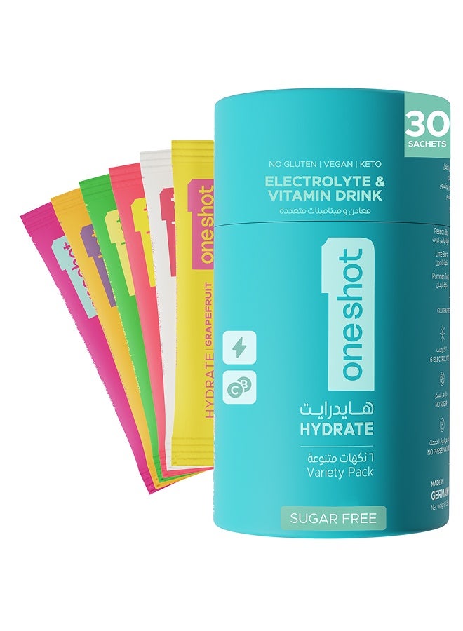 ONE SHOT oneshot Hydrate Electrolyte & Vitamin Powder | Premium Hydration Sachets - 6 Electrolytes, 4 Vitamins + Zinc | Vegan, Gluten Free, Sugar Free (30ct,Variety Pack) - Image 1