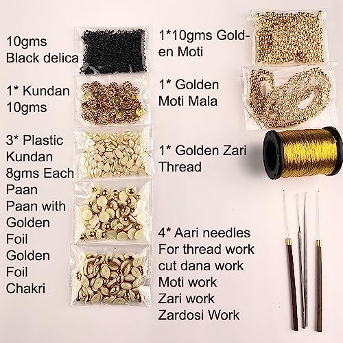 Qroof Aari Work,Maggam Work Materials Kit, Kundan Bulge, Aari Needles And Tools Combo Kit A Beginners Pack Set, Gold - Image 5