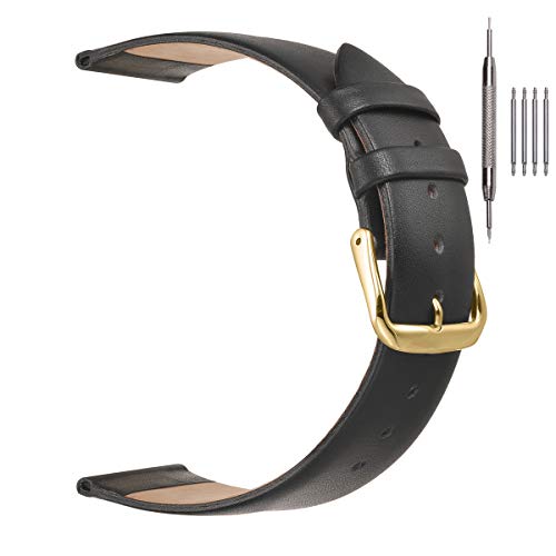 EACHE 12mm Thin Leather Watch Bands for Ladies Genuine Leather Watch Straps for Women 12mm, Black-Gold Buckle - Image 1