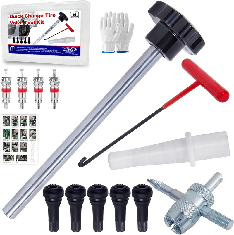 Richcat Quick Change Tire Valve Tool Kit,Tire Valve Stem Core Quickly Replacement Tool Kit,Perfect Tool for Replacing Leaky Valves in Cars,ATVs,Trucks,Motorcycles, etc.with 5 TR413 Valve,4-Way Valve Tool - Image 1