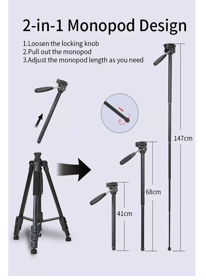 YJS Professional Aluminium Tripod Monopod for All DSLR Cameras Lightweight Tripod Stand 360 degree 3 way Head Travel Phone Stand Aluminum (KP-2274) - Image 4