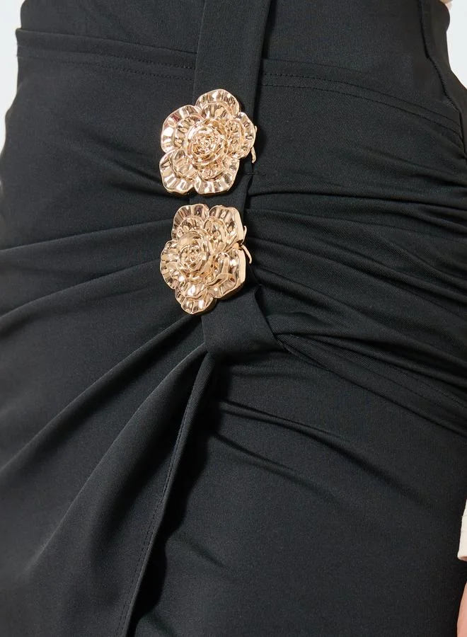 Take Two  Solid Ruching Detail Metallic Button Skirt for Women | Best Price UAE