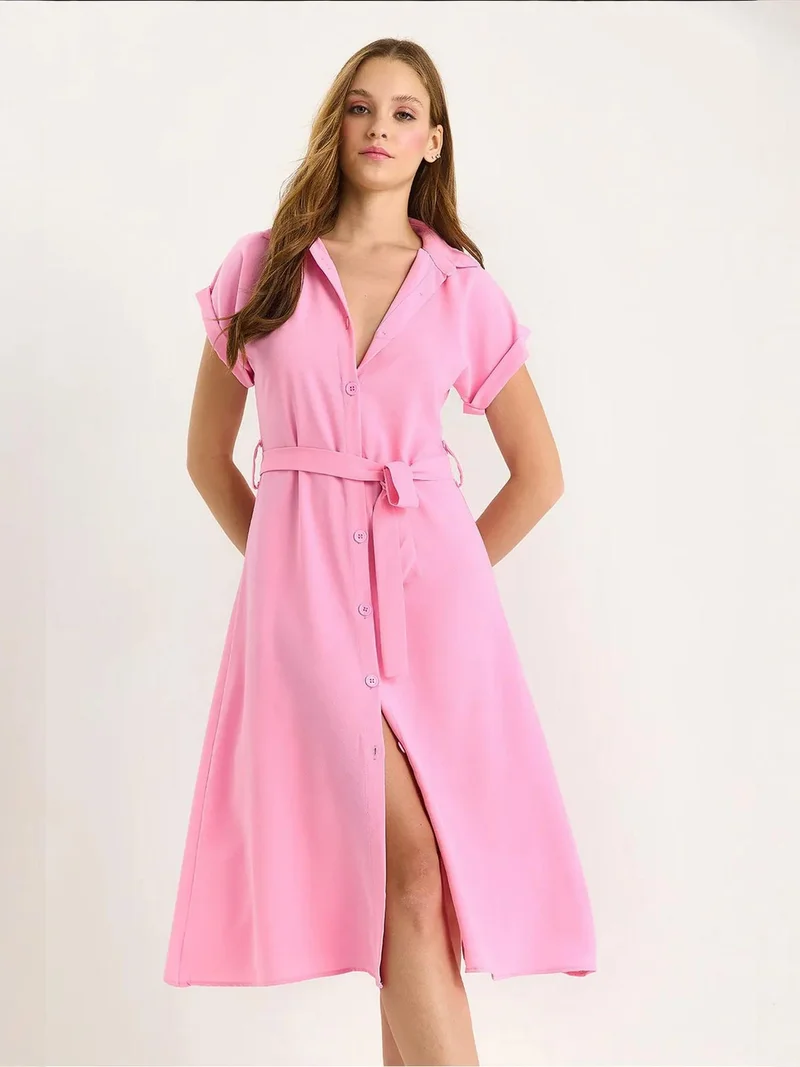 Bianco Lucci Bright Pink LUCCI V-Neck Buttoned Midi Dress with Binding Detail for Women | Best Price UAE