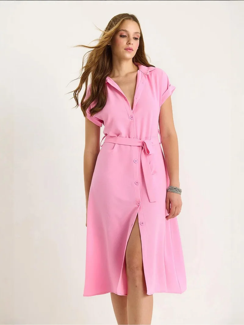 Bianco Lucci Bright Pink LUCCI V-Neck Buttoned Midi Dress with Binding Detail for Women | Best Price UAE