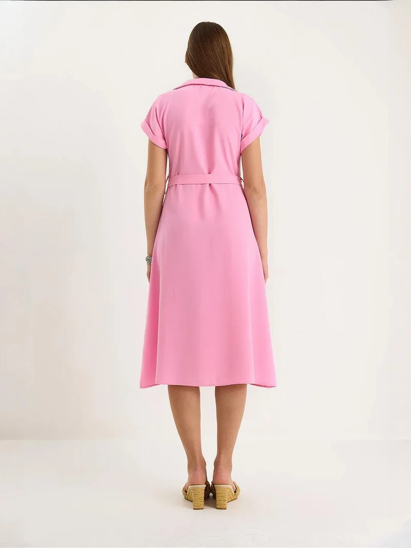 Bianco Lucci Bright Pink LUCCI V-Neck Buttoned Midi Dress with Binding Detail for Women | Best Price UAE