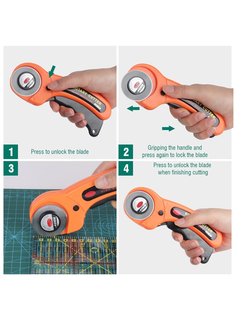 طقم قاطع دوار 45 مم - مجموعة مستلزمات الخياطة 96 قطعة مع 5 شفرات بديلة، حصيرة قطع، مسطرة رقعة، سكين نحت، مقصات، حقيبة تخزين، ومشابك خياطة لجميع احتياجاتك في الخياطة. - Image 2