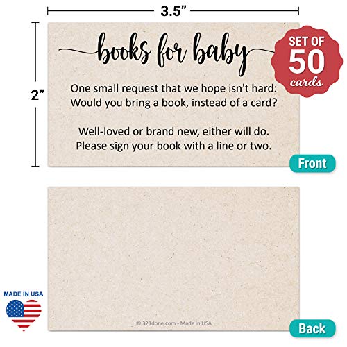 321Done Books for Baby Cards (Set of 50) 3.5 x 2 Baby Shower Insert for Invitations, Business Card Size, Book Instead of Card Request Gift, Small Rustic Kraft Tan - Made in USA - Image 2