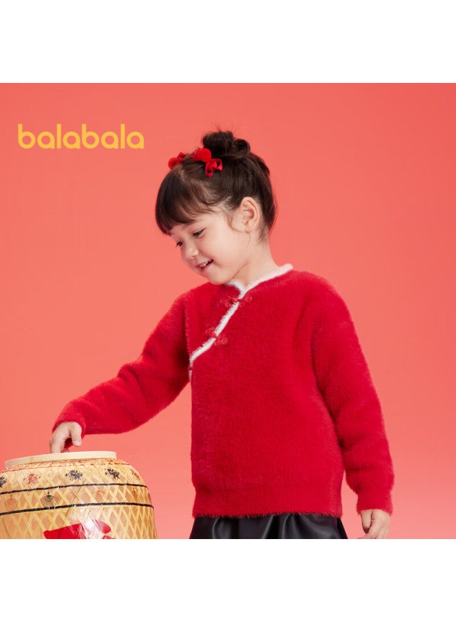 Balabala Girls' New Chinese-style Sweater, Children's Knitwear, Spring Red Knitted Top, 208125103004 - Image 2