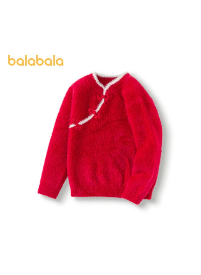 Balabala Girls' New Chinese-style Sweater, Children's Knitwear, Spring Red Knitted Top, 208125103004 - Image 4