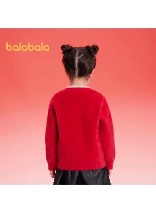 Balabala Girls' New Chinese-style Sweater, Children's Knitwear, Spring Red Knitted Top, 208125103004 - Image 3
