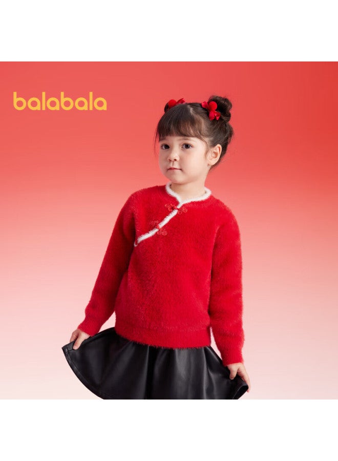 Balabala Girls' New Chinese-style Sweater, Children's Knitwear, Spring Red Knitted Top, 208125103004 - Image 1