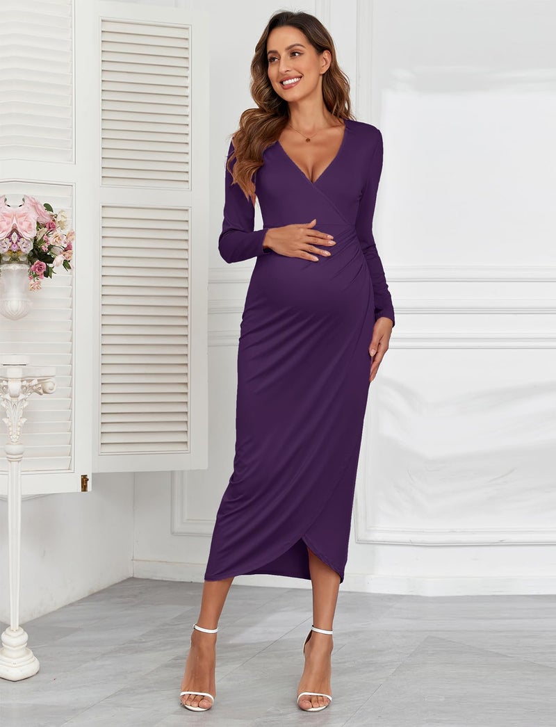 AISWI 2025 Spring Women's Maternity Wrap Nursing Dress V Neck Long Sleeve Semi Formal Pregnancy Maxi Dresses, Dark Purple, Small - Image 3