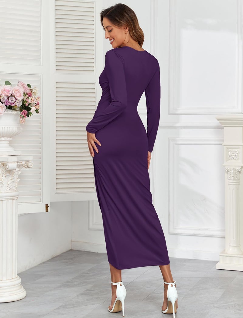 AISWI 2025 Spring Women's Maternity Wrap Nursing Dress V Neck Long Sleeve Semi Formal Pregnancy Maxi Dresses, Dark Purple, Small - Image 4