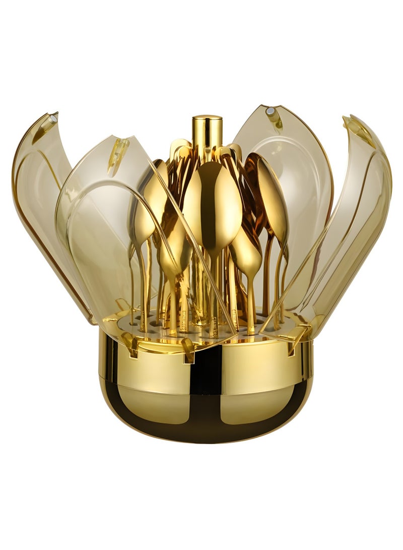 General Mood Egg Stainless Steel Western Knife Fork and Spoon Cutlery 24-Piece Set Rotatable Golden Egg Set Tableware Storage Rack  - Image 1