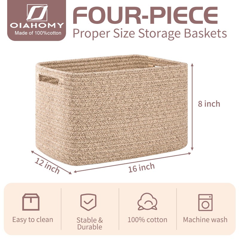 OIAHOMY 4 Pack Storage Baskets for Organizing, Cube Storage Bins for Shelves, Rectangle Storage Baskets With Handles, Woven Baskets for Storage, 16''Lx12''Wx8''H, Brown - Image 2