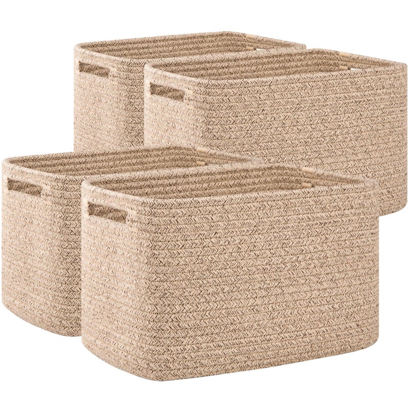 OIAHOMY 4 Pack Storage Baskets for Organizing, Cube Storage Bins for Shelves, Rectangle Storage Baskets With Handles, Woven Baskets for Storage, 16''Lx12''Wx8''H, Brown - Image 1