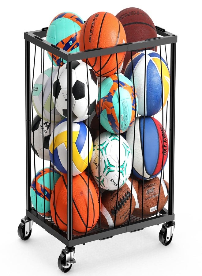 TomCare Garage Ball Rolling Storage Rack Large Capacity Basketball Holder with Elastic Rope [Hold 12-15 Balls][Easy to Take] Garage Sports Equipment Organizer cart with Wheels for Home, Outdoor Use - Image 1