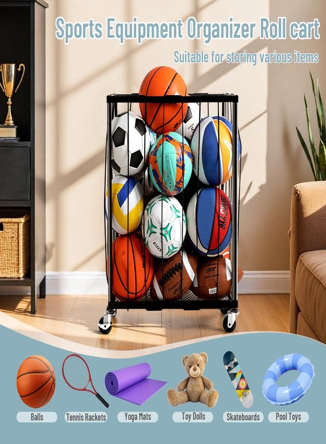 TomCare Garage Ball Rolling Storage Rack Large Capacity Basketball Holder with Elastic Rope [Hold 12-15 Balls][Easy to Take] Garage Sports Equipment Organizer cart with Wheels for Home, Outdoor Use - Image 4