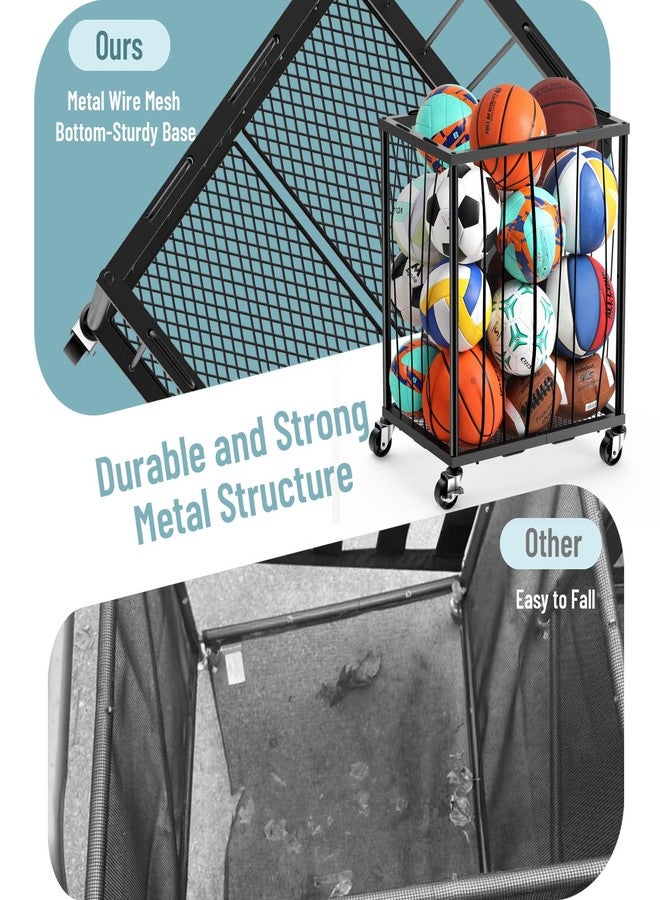 TomCare Garage Ball Rolling Storage Rack Large Capacity Basketball Holder with Elastic Rope [Hold 12-15 Balls][Easy to Take] Garage Sports Equipment Organizer cart with Wheels for Home, Outdoor Use - Image 5