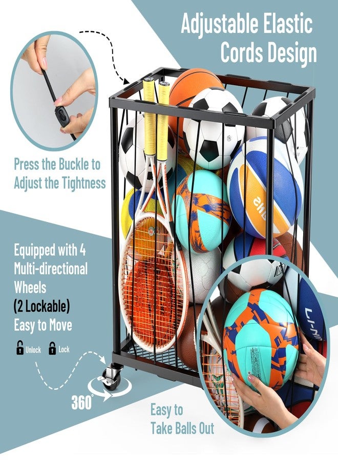 TomCare Garage Ball Rolling Storage Rack Large Capacity Basketball Holder with Elastic Rope [Hold 12-15 Balls][Easy to Take] Garage Sports Equipment Organizer cart with Wheels for Home, Outdoor Use - Image 3