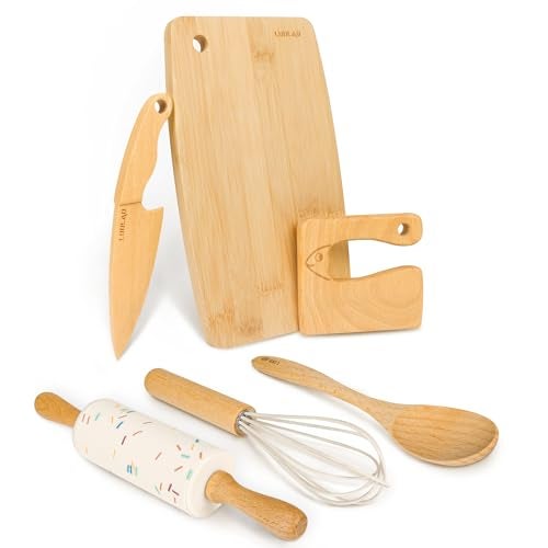 LUOLAO Wooden Kids Safe Knife and Kids Baking Set for Real Cooking, 6 PCS Toddler Montessori Kitchen Tools, Cooking and Baking for Little Chefs - Image 1