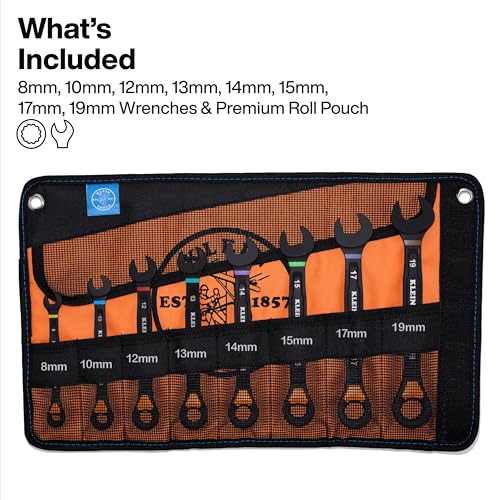 KLEIN TOOLS 69508M Metric Ratcheting Combination Wrench Set 8Piece SlideLock 90Tooth Ratchet IBeam Handle ColorCoded Size Markings Roll Pouch Storage - Image 3