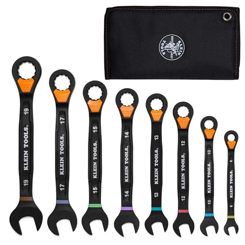 KLEIN TOOLS 69508M Metric Ratcheting Combination Wrench Set 8Piece SlideLock 90Tooth Ratchet IBeam Handle ColorCoded Size Markings Roll Pouch Storage - Image 1