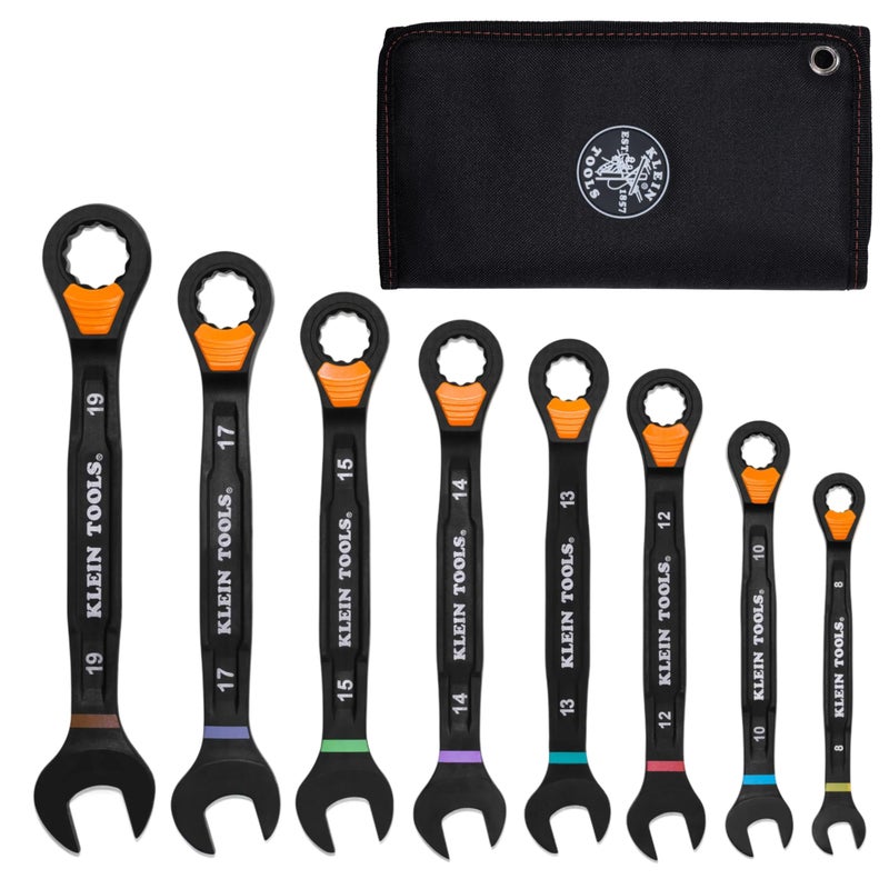 KLEIN TOOLS 69508M Metric Ratcheting Combination Wrench Set 8Piece SlideLock 90Tooth Ratchet IBeam Handle ColorCoded Size Markings Roll Pouch Storage - Image 2