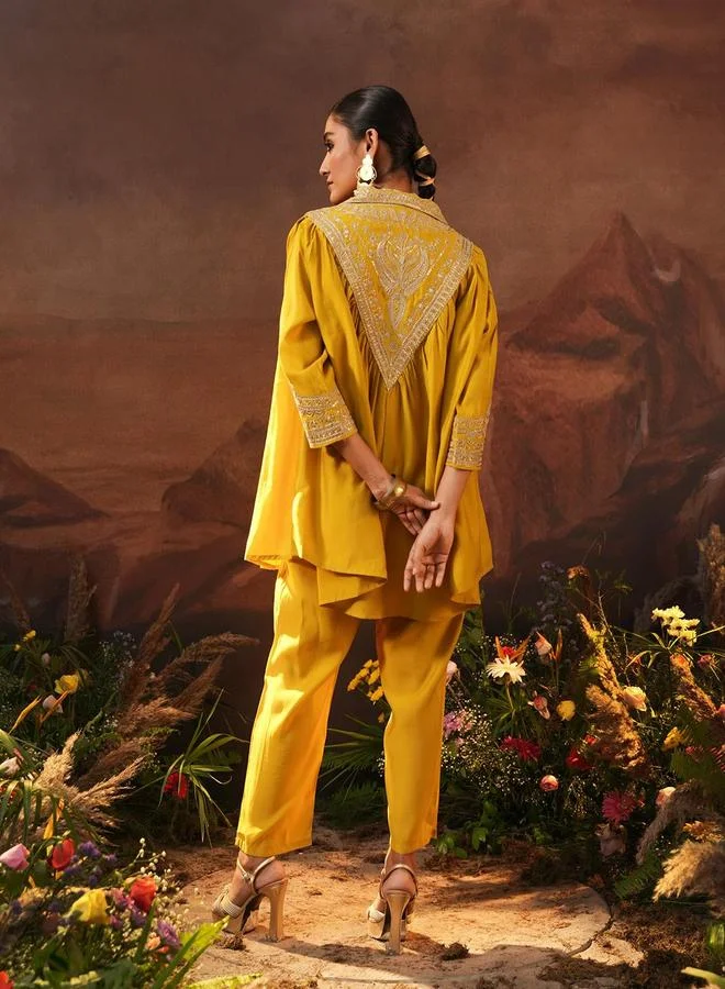 آي شين Women's Yellow Viscose Silk Embellished Tunic Top With Ankle Palazzo Flared 2 Peice Kurta Set