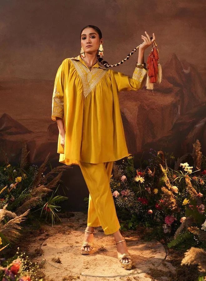 آي شين Women's Yellow Viscose Silk Embellished Tunic Top With Ankle Palazzo Flared 2 Peice Kurta Set