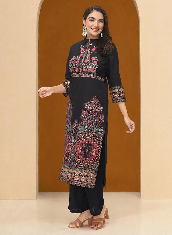 آي شين Women's Black Cotton Printed Tunic Straight Fit Kurta