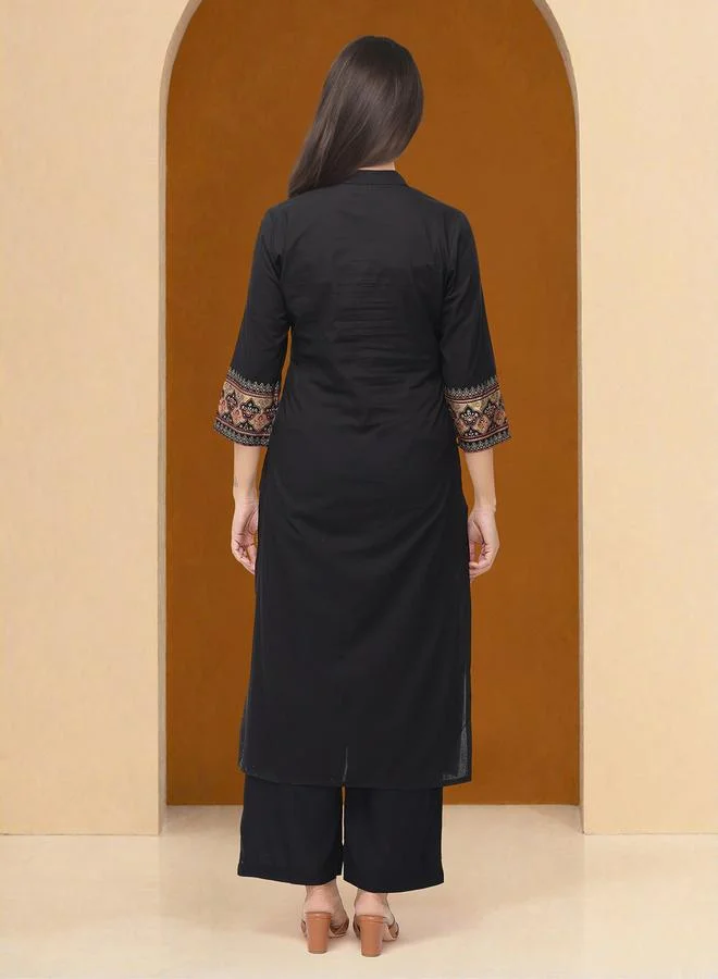 آي شين Women's Black Cotton Printed Tunic Straight Fit Kurta