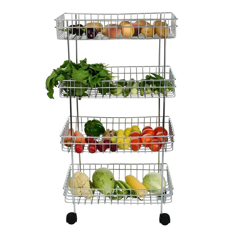Wrolavi Stainless Steel Basket with Wheels Vegetable Fruits Storage Rack Organizer Stand for Kitchen 4 Shelf