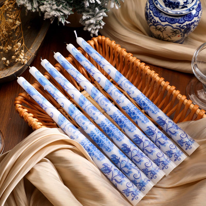 Threlaco 9.8" Long Taper Chinoiserie Porcelain Candlesticks Dripless Bridal Wedding Shower Candle Blue White Decorations Unscented Taper Candles for Party Gift Home Decor - Image 2
