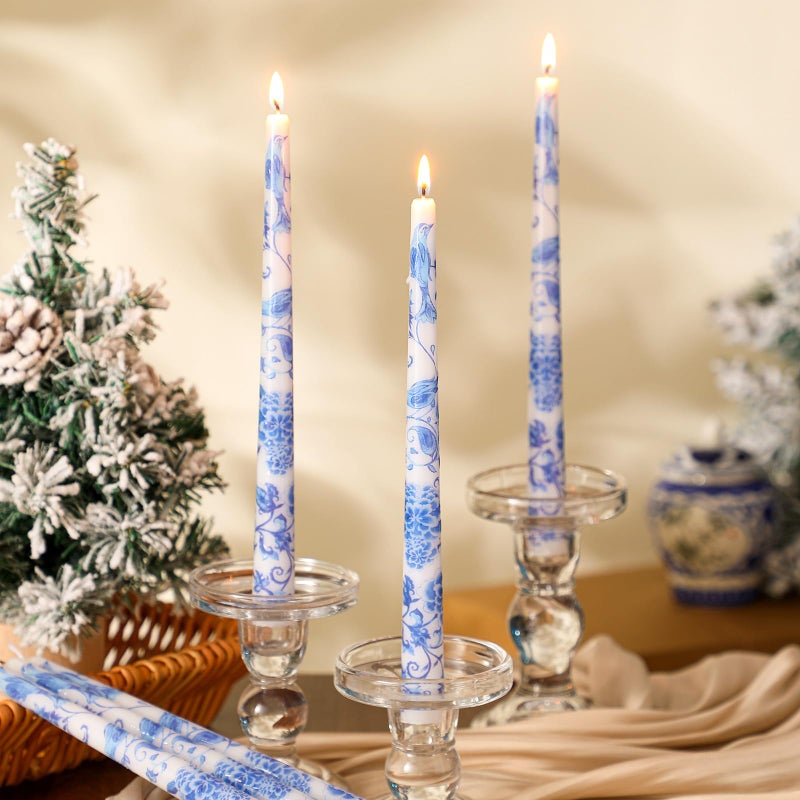 Threlaco 9.8" Long Taper Chinoiserie Porcelain Candlesticks Dripless Bridal Wedding Shower Candle Blue White Decorations Unscented Taper Candles for Party Gift Home Decor - Image 4
