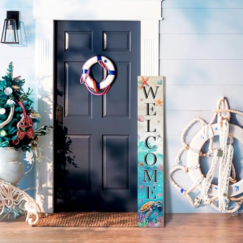 KAPLIPE Sea Turtle Welcome Sign for Front Door, Beach Outdoor Porch Sign Home Decorations Standing Yard Sign Seasonal Wood Door Sign for Garden Tall Summer Welcome Vertical Signs for Patio Wall - Image 2