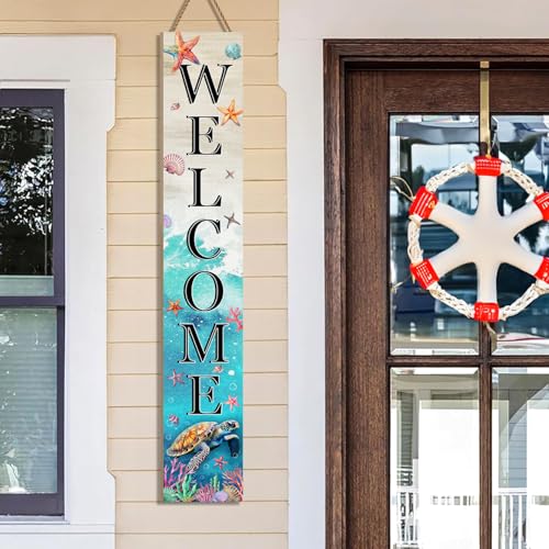 KAPLIPE Sea Turtle Welcome Sign for Front Door, Beach Outdoor Porch Sign Home Decorations Standing Yard Sign Seasonal Wood Door Sign for Garden Tall Summer Welcome Vertical Signs for Patio Wall - Image 3