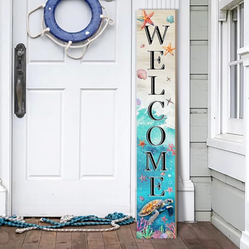 KAPLIPE Sea Turtle Welcome Sign for Front Door, Beach Outdoor Porch Sign Home Decorations Standing Yard Sign Seasonal Wood Door Sign for Garden Tall Summer Welcome Vertical Signs for Patio Wall - Image 1