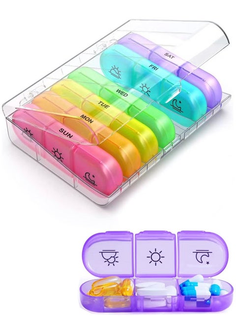 Weekly Pill Organizer 3 Times A Day, Portable Travel Pill Box 7 Day with Large Compartments, Portable Travel Pill Case for Vitamins, Medicine, Fish Oils, Supplements (Transparent shell, Color Box)