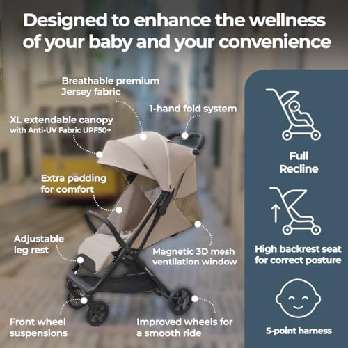 Inglesina Quid³ Stroller, Cosmic Black - Compact Reclining Travel Stroller for Baby & Toddler 0-55 lbs, One Hand fold, Car seat Compatible, Airplane Overhead, Lightweight, Foldable, XL UPF 50+ Canopy - Image 5