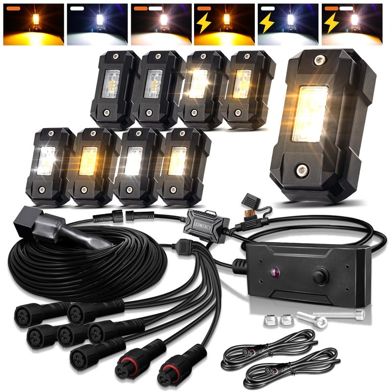 LEDMIRCY Switchback LED Rock Lights Kit White/Amber Strobe with Wiring Harness 8 Pods 6 Mode Reset Function Memory Function for Off Road Trucks ATV UTV SUV RZR Under Body High Power Waterproof - Image 1