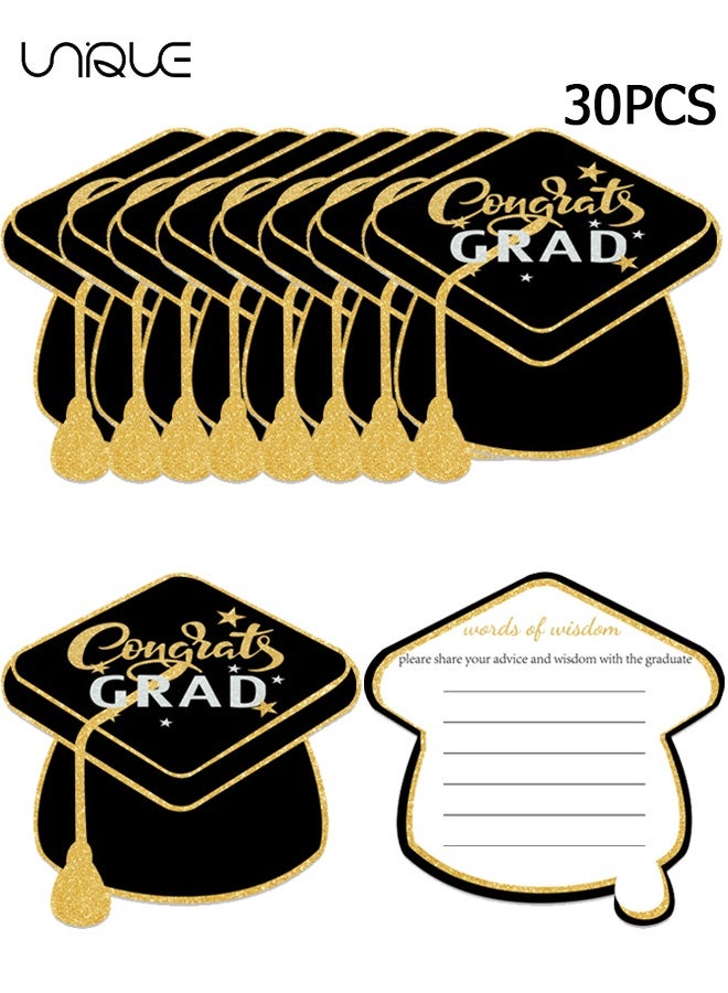 Unique 30PCS Graduation Advice Cards - Graduation Cap Card - Advice Cards for Graduates - Graduation Message Cards - Greeting Cards - Postcard-style Gold Foil Sparkling Graduation Card Set - Blank Cards for Congratulations, Invitations, Messages, Sturdy Design Suitable for Celebrations and Special Occasions - Image 1