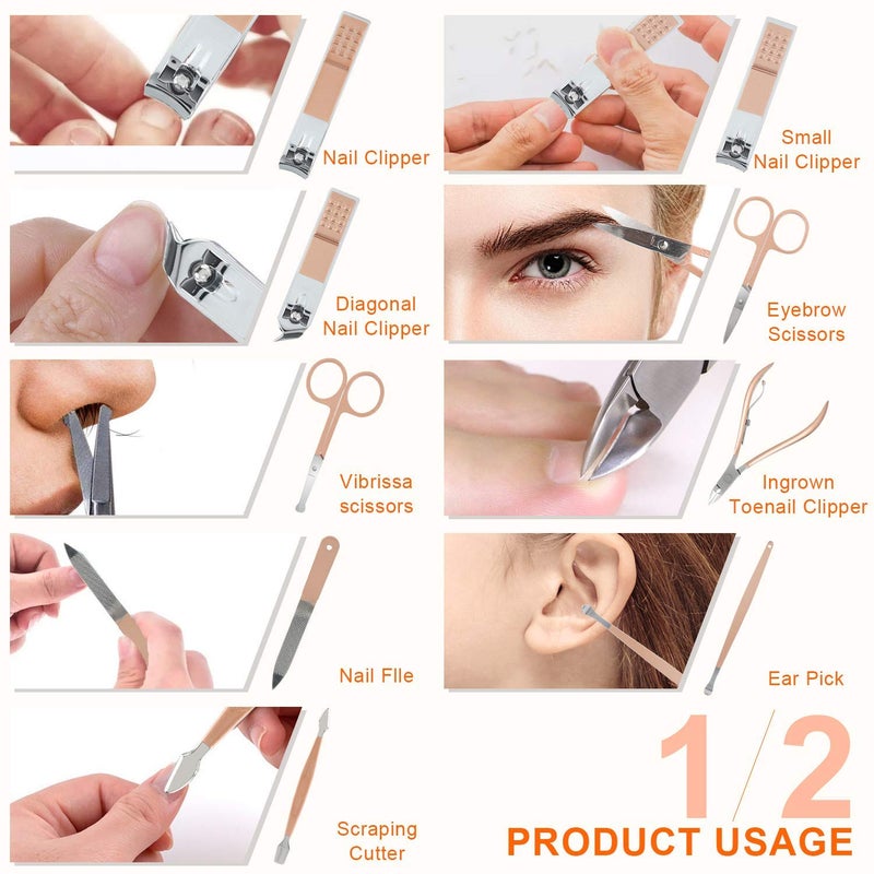 DOCOSS DOCOSS 18 IN 1 Stainless Steel Professional Manicure  Pedicure Kit For Women Includes Scissors A Nail cutter Acne Remover needle Blackhead Tool With Leather Case - Image 3