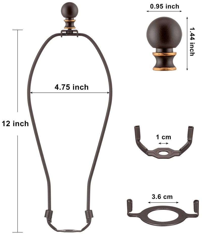 Qc Bronze Lamp Harp with Finials - 12 Inch, 2 Set Lampshade Harp with 3/8 Standard Saddle, E26 Light Base UNO Fitter Adapter, Light Hardware for Table and Floor Lamps, Lamp Accessories and Parts - Image 3
