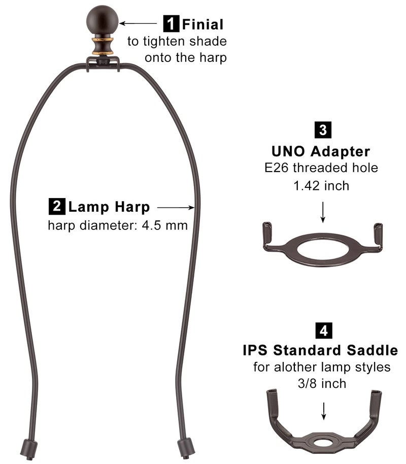 Qc Bronze Lamp Harp with Finials - 12 Inch, 2 Set Lampshade Harp with 3/8 Standard Saddle, E26 Light Base UNO Fitter Adapter, Light Hardware for Table and Floor Lamps, Lamp Accessories and Parts - Image 2