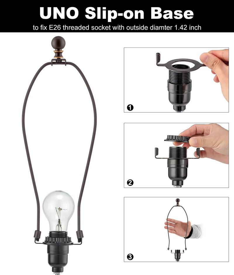 Qc Bronze Lamp Harp with Finials - 12 Inch, 2 Set Lampshade Harp with 3/8 Standard Saddle, E26 Light Base UNO Fitter Adapter, Light Hardware for Table and Floor Lamps, Lamp Accessories and Parts - Image 5